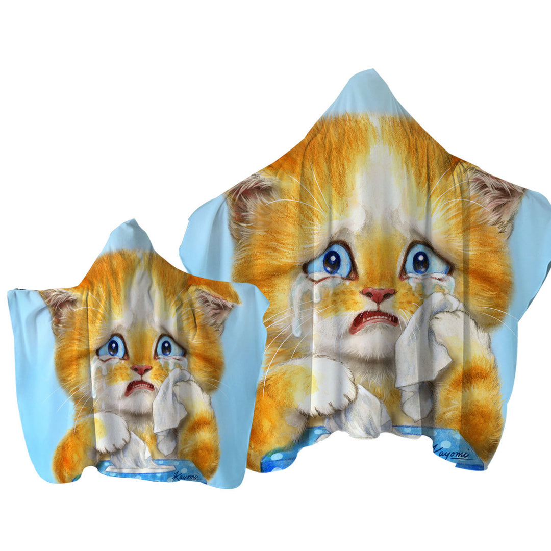 Cute Art Crying Sweet Little Kitty Cat Hooded Beach Towel