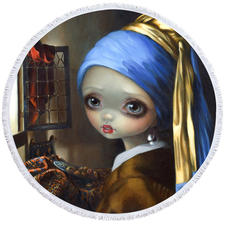 Cute Art Girl With a Pearl Earring Circle Beach Towel