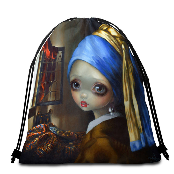 Cute Art Girl With a Pearl Earring Pool Towels