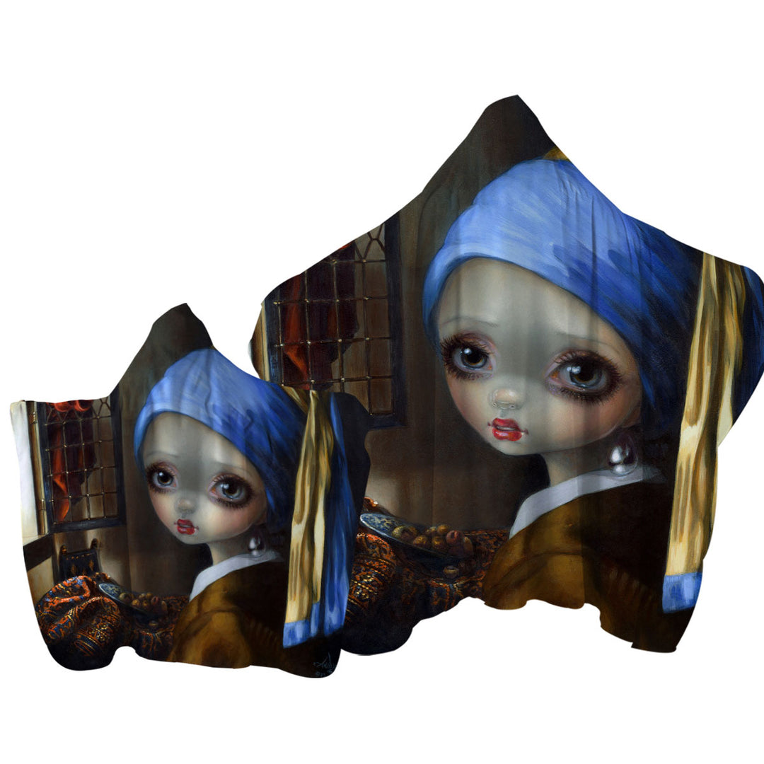 Cute Art Girl With a Pearl Earring Towel Hoodie