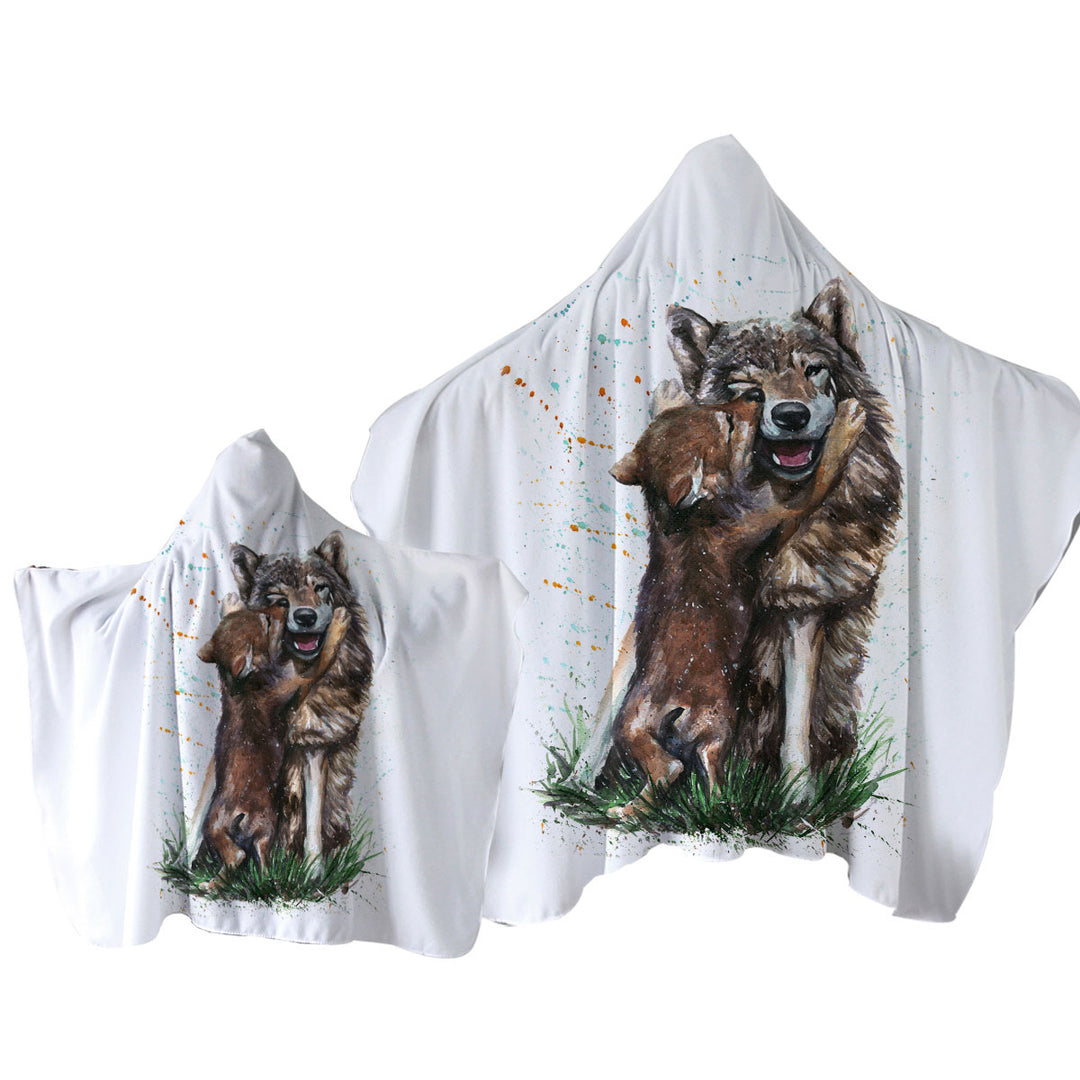 Cute Art Painting Momma Wolf and her Pup Towel Hoodie