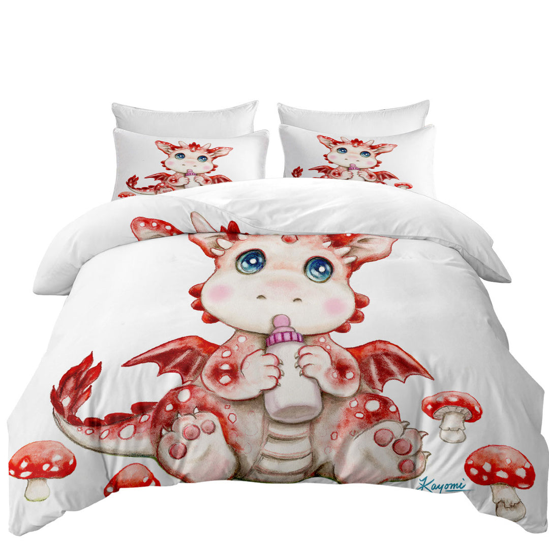 Cute Art for Kids Red Mushrooms and Dragon Bed Covers