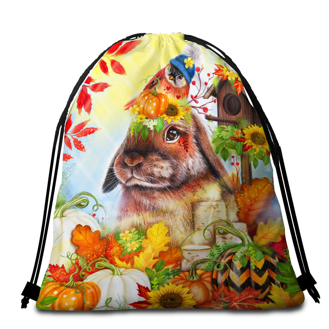 Cute Autumn Greetings Bunny Beach Towel Bags