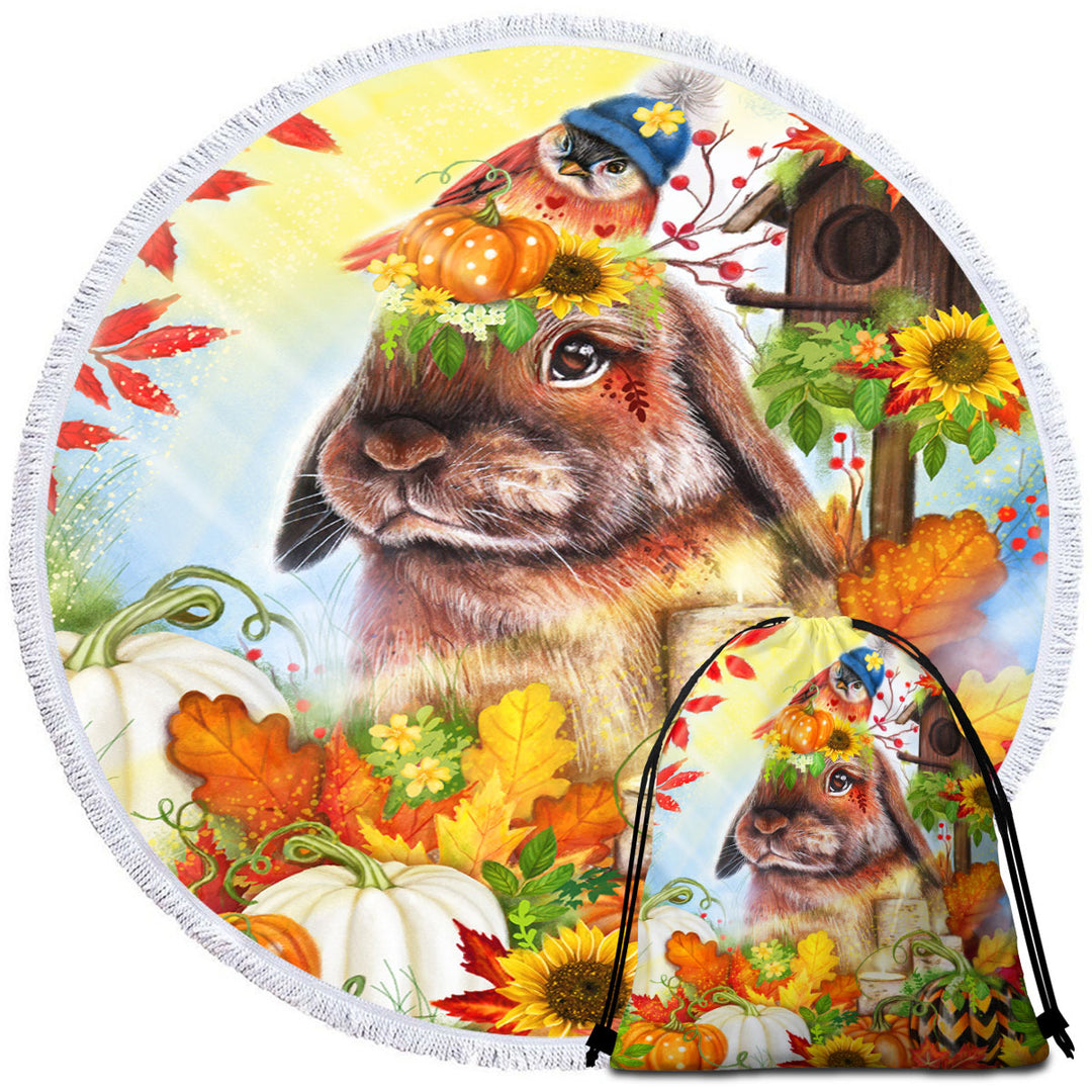 Cute Autumn Greetings Bunny Circle Beach Towel