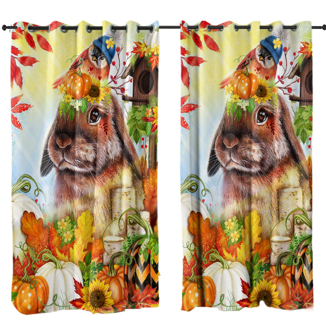 Cute Autumn Greetings Bunny Curtains for Bedroom