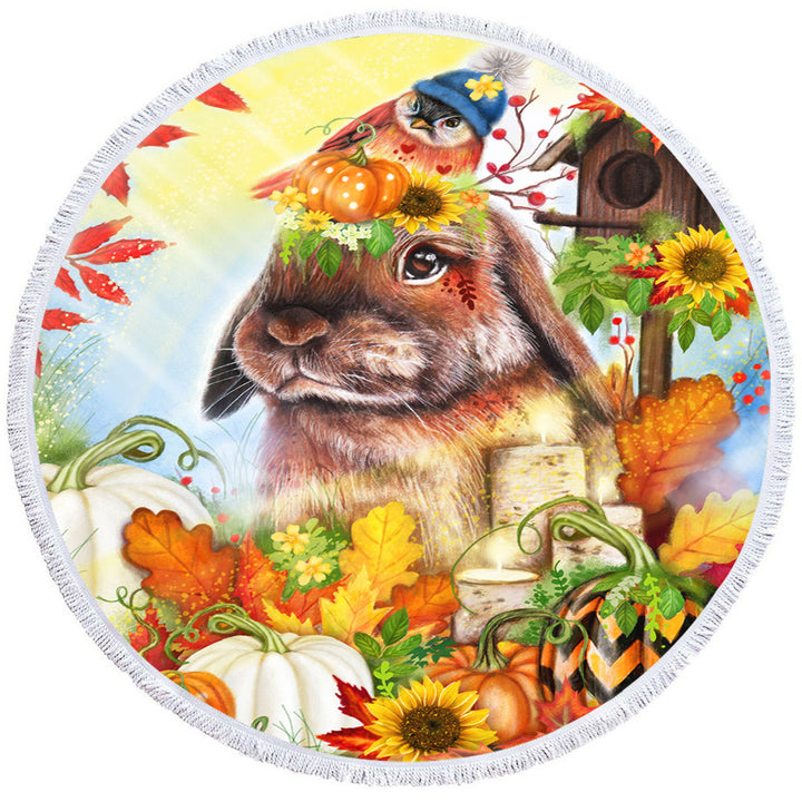 Cute Autumn Greetings Bunny Round Beach Towel