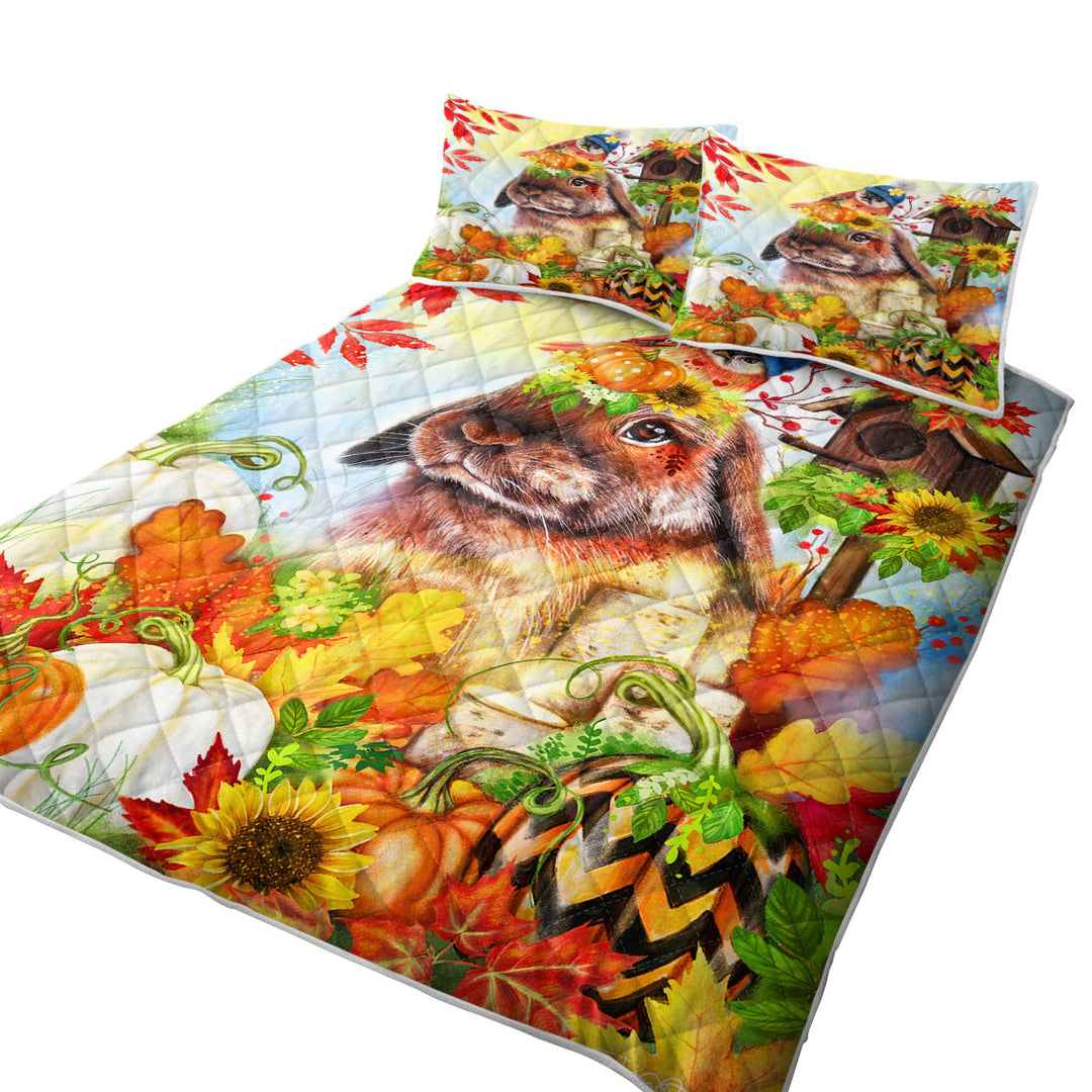 Cute Autumn Greetings Bunny Twin Quilt