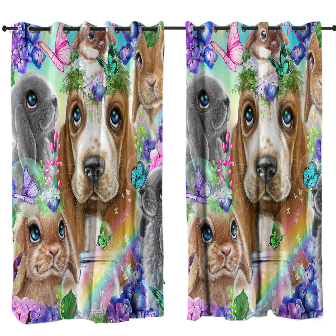 Cute Basset Hound Bunnies and Butterflies Curtain