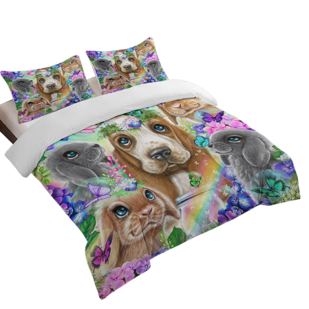 Cute Basset Hound Bunnies and Butterflies Duvet Cover