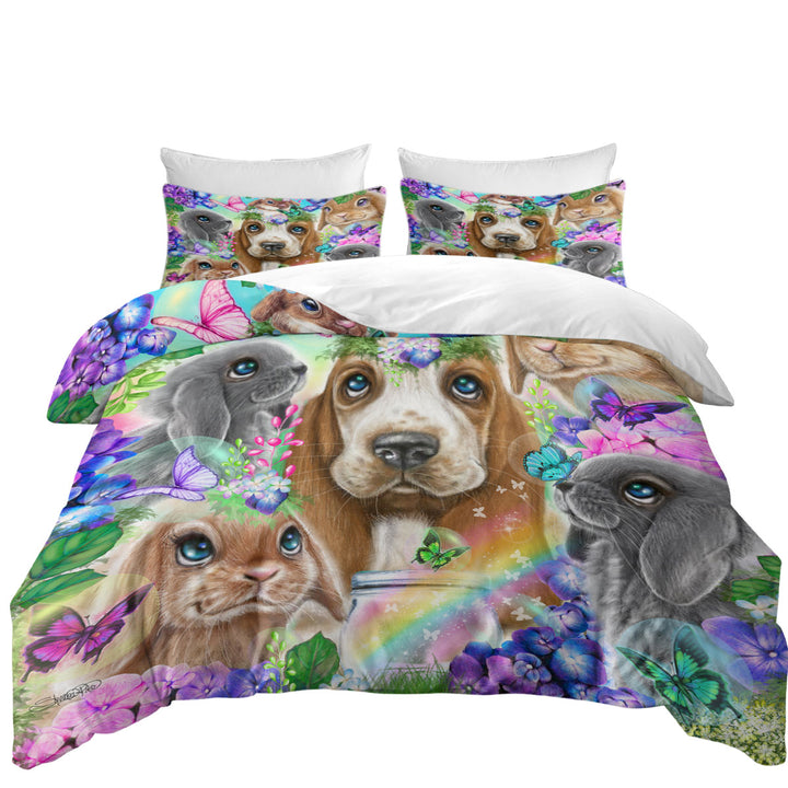 Cute Basset Hound Bunnies and Butterflies Duvet Covers