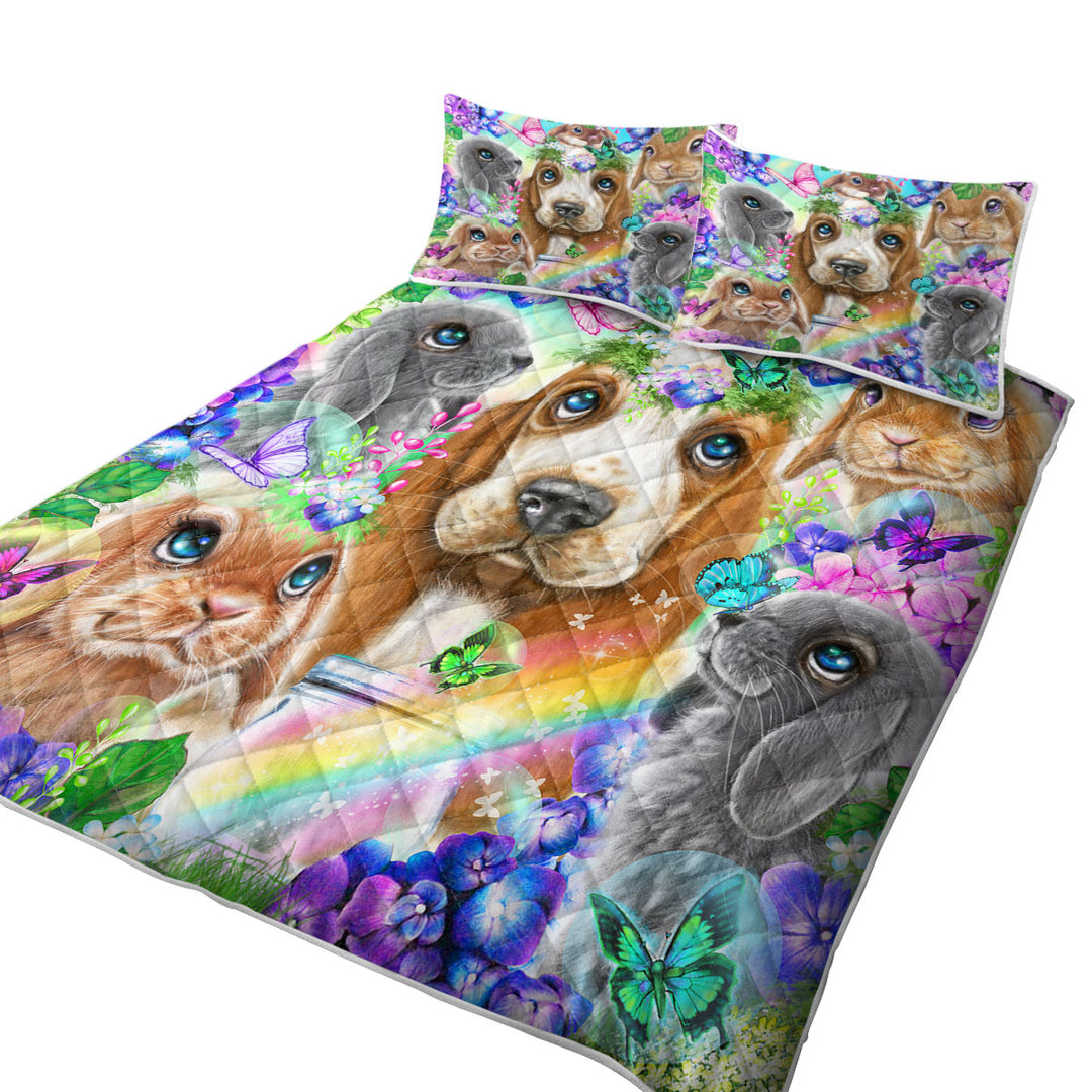 Cute Basset Hound Bunnies and Butterflies Summer Quilt