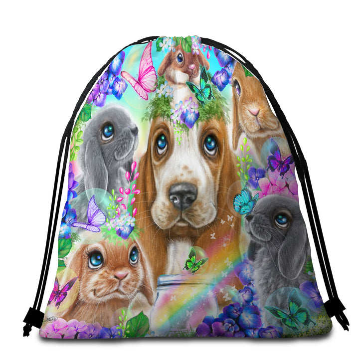 Cute Beach Bags and Towels Basset Hound Bunnies and Butterflies