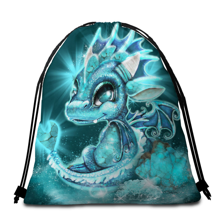 Cute Beach Towel Bags as Gift December Turquoise Birthstone Lil Dragon