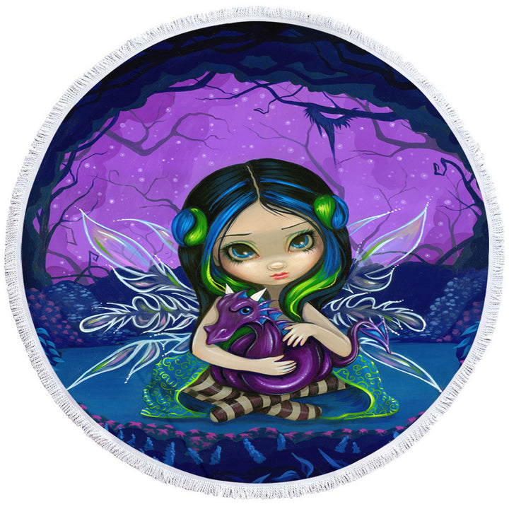 Cute Beach Towel Fairy in the Purple Moonlit Dragonling Garden