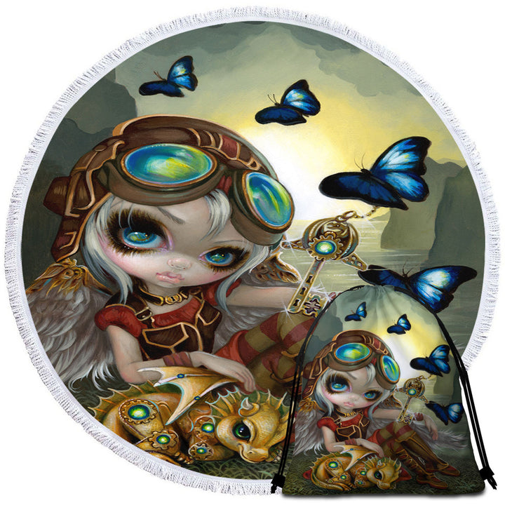 Cute Beach Towels Fantasy Art Angel and Clockwork Dragonling