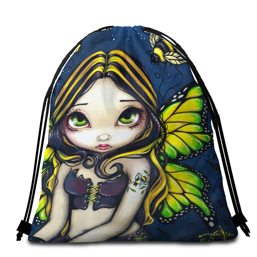 Cute Beach Towels and Bags Set Art Bumblebee Tattoo on Butterfly Fairy