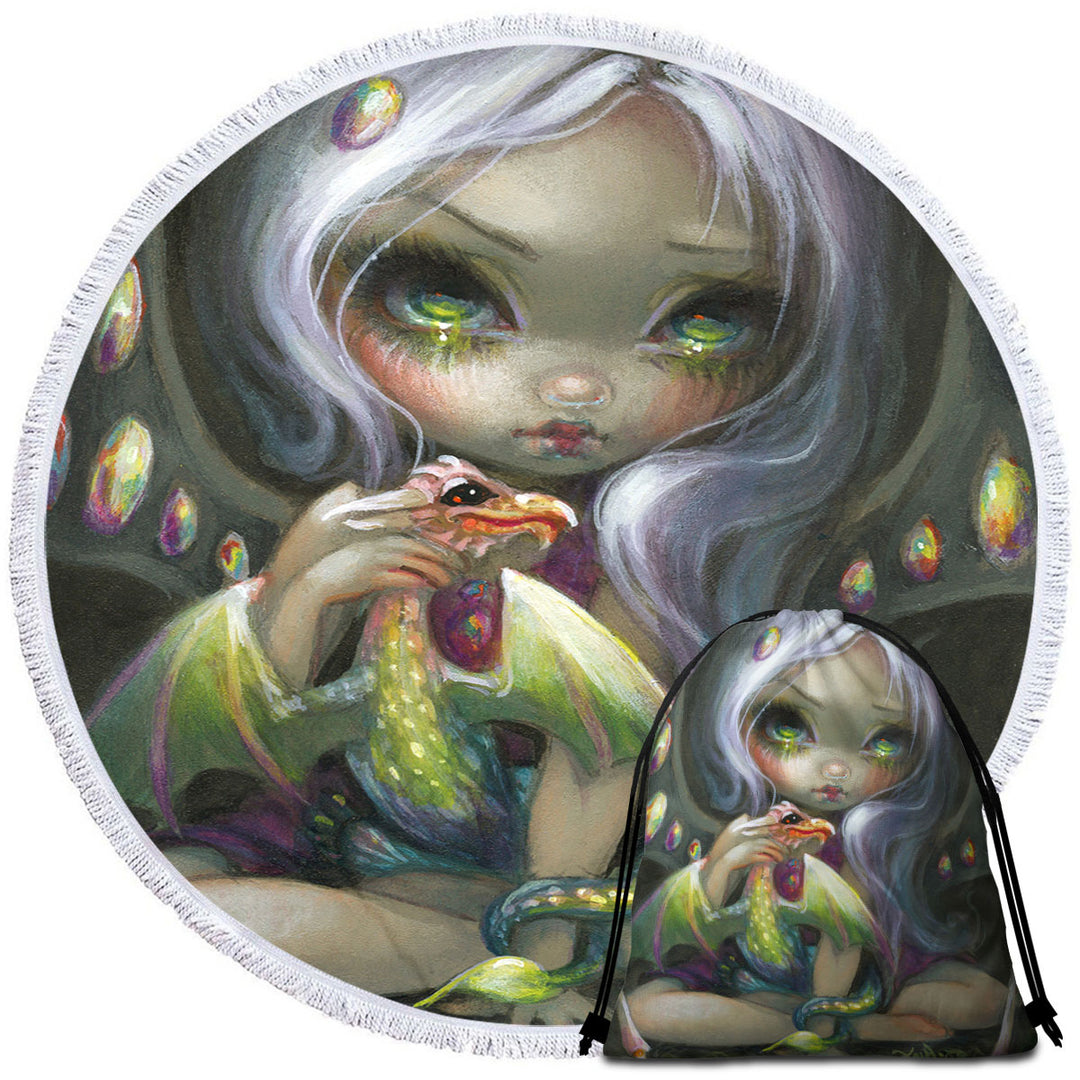 Cute Beach Towels with Fantasy Art Fire Opal Fairy and Dragonling