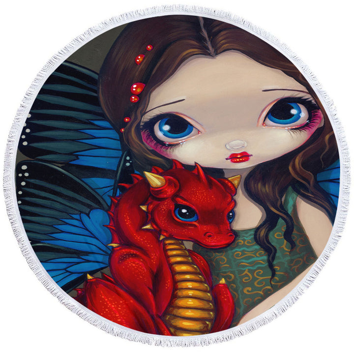 Cute Beach Towels with Fantasy Art Girl and Baby Red Dragon