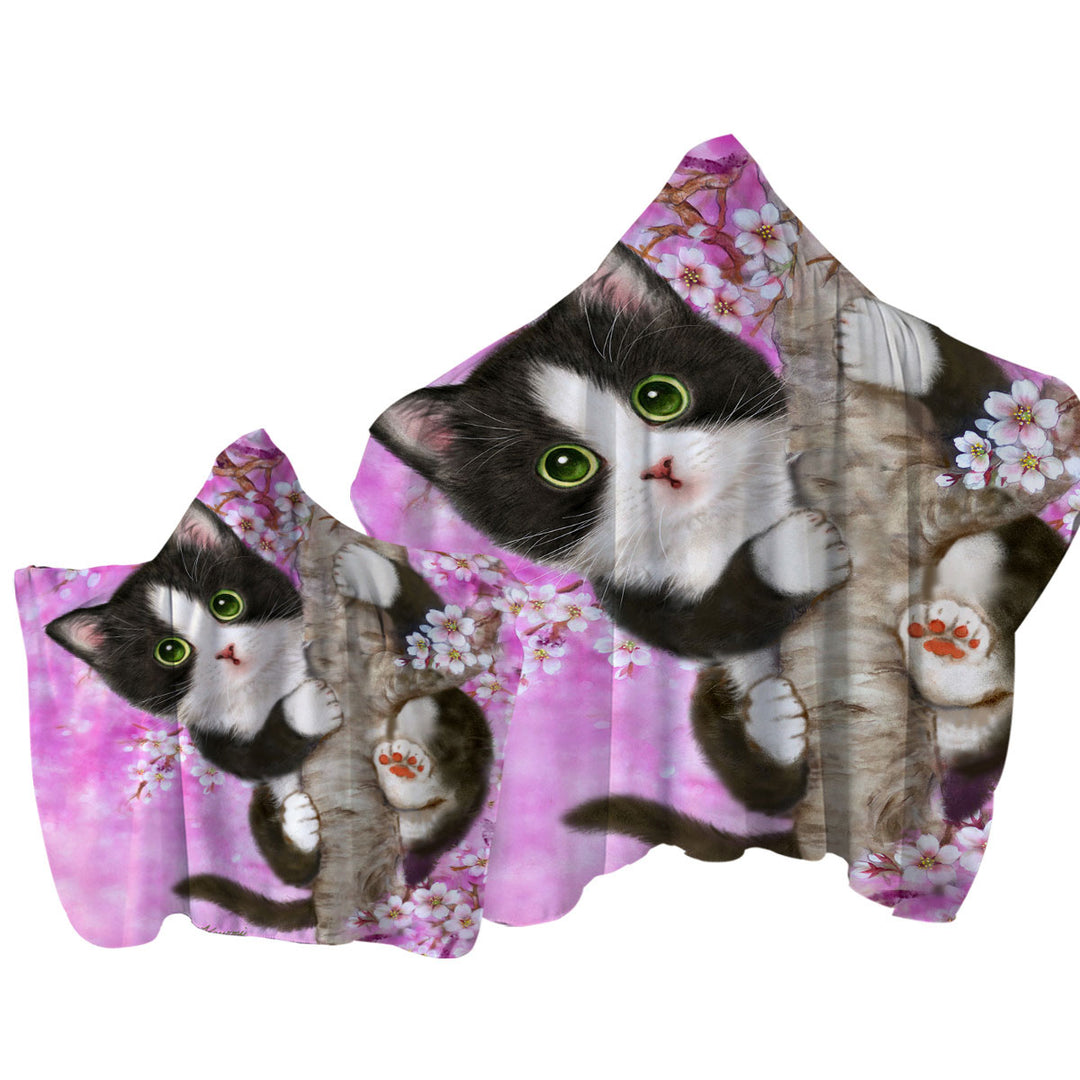 Cute Black and White Kitten Cat on Cherry Blossom Hooded Beach Towel