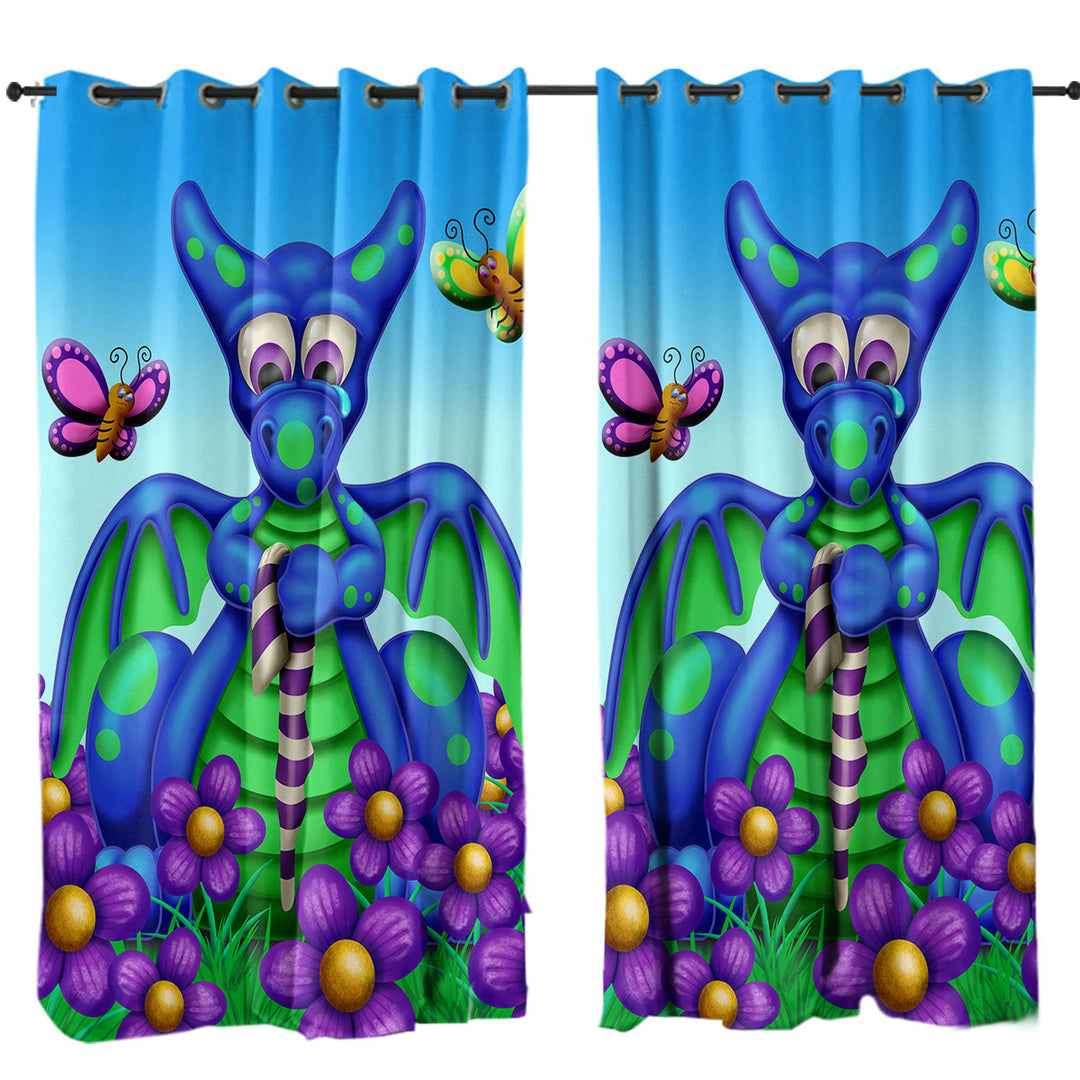 Cute Blue Dragon with Purple Flowers Kids Drapes