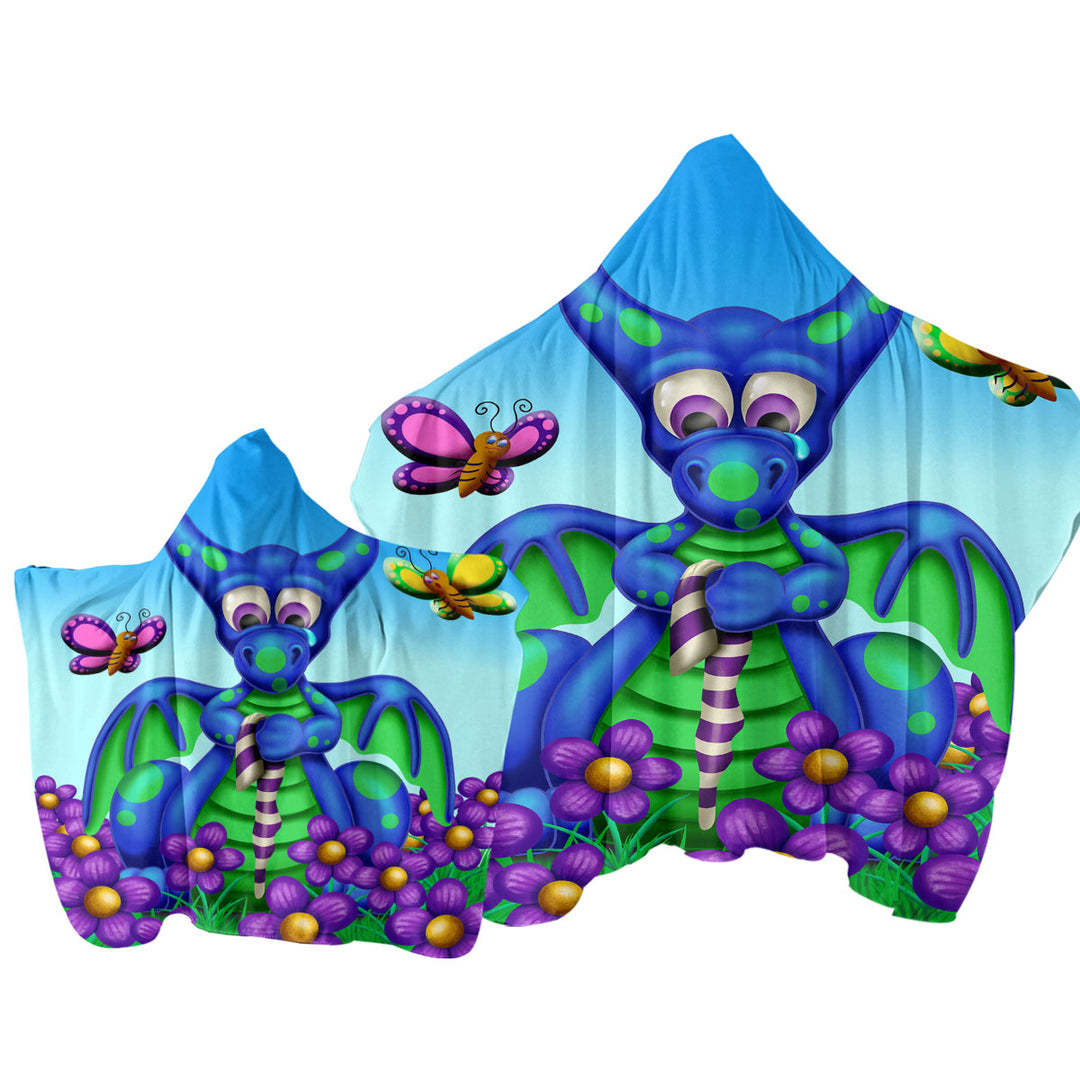 Cute Blue Dragon with Purple Flowers Kids Towel Hoodie