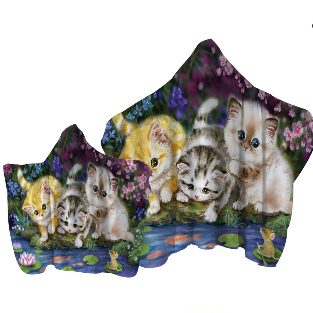 Cute Cat Art Three Kittens in Japanese Garden Towel with Hood