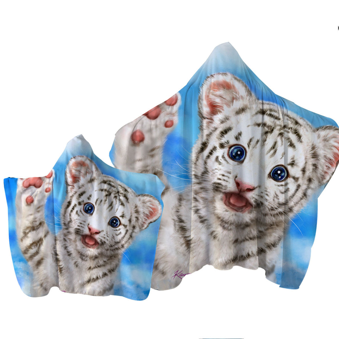 Cute Cat Designs Hi Five White Tiger Cub Hooded Beach Towel