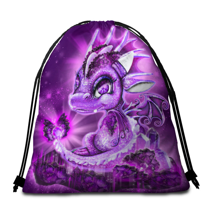 Cute Child Packable Beach Towel Gift February Amethyst Birthstone Lil Dragon