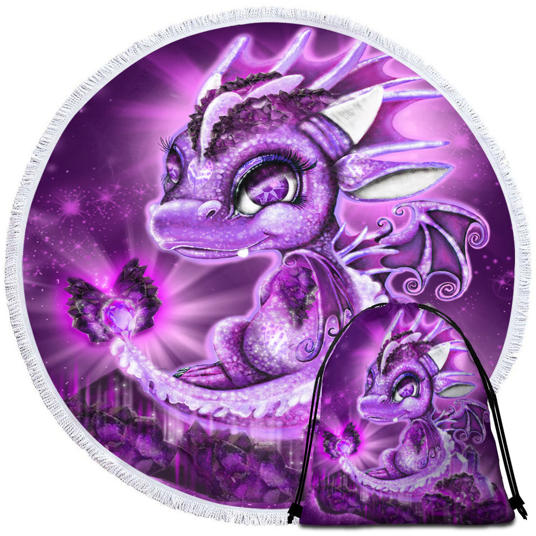 Cute Children Round Beach Towel Gift February Amethyst Birthstone Lil Dragon