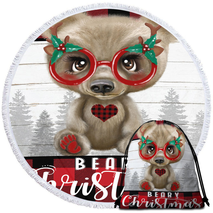 Cute Christmas Bear Beary Christmas Round Beach Towel