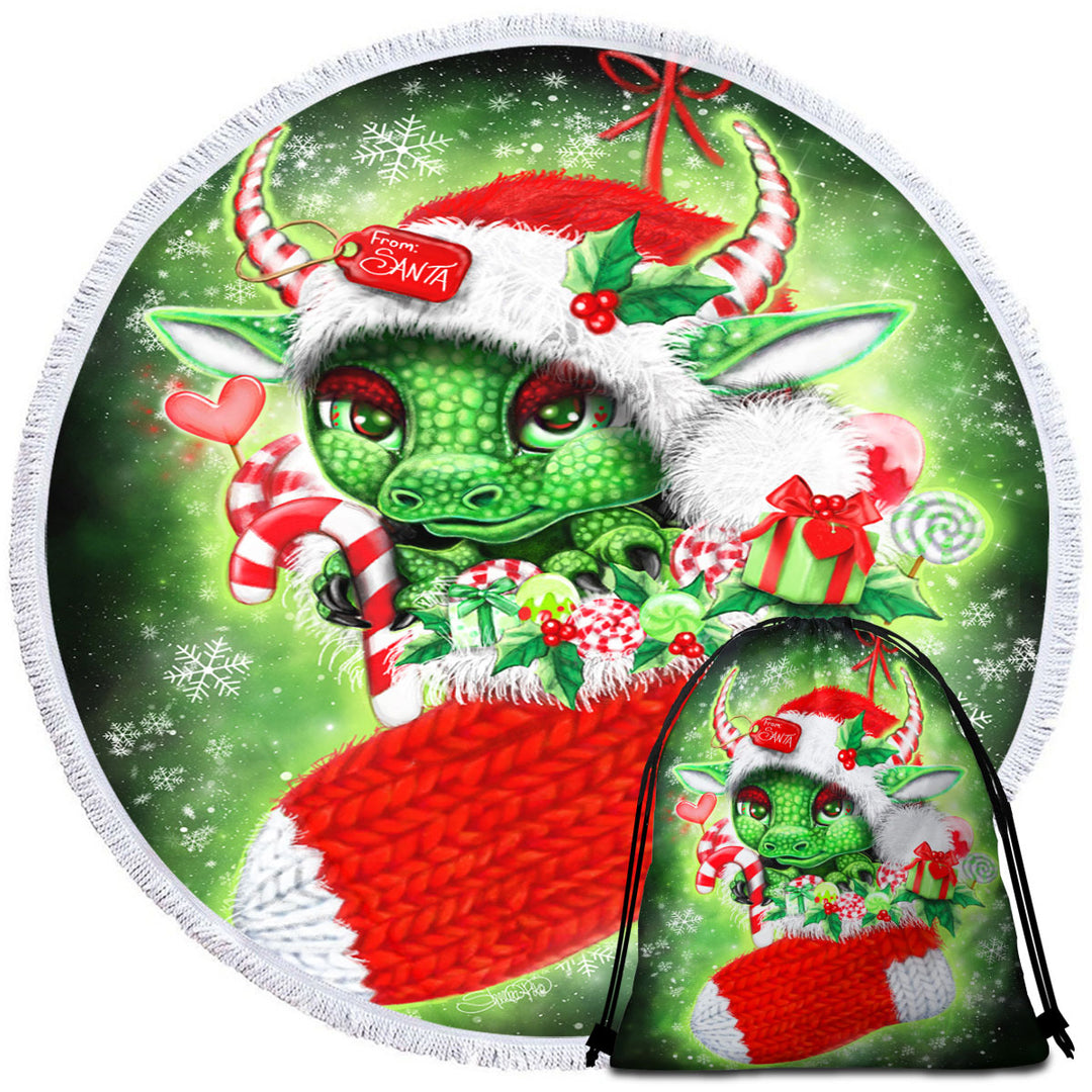 Cute Christmas Circle Beach Towel Stocking Stuffer Lil Dragon