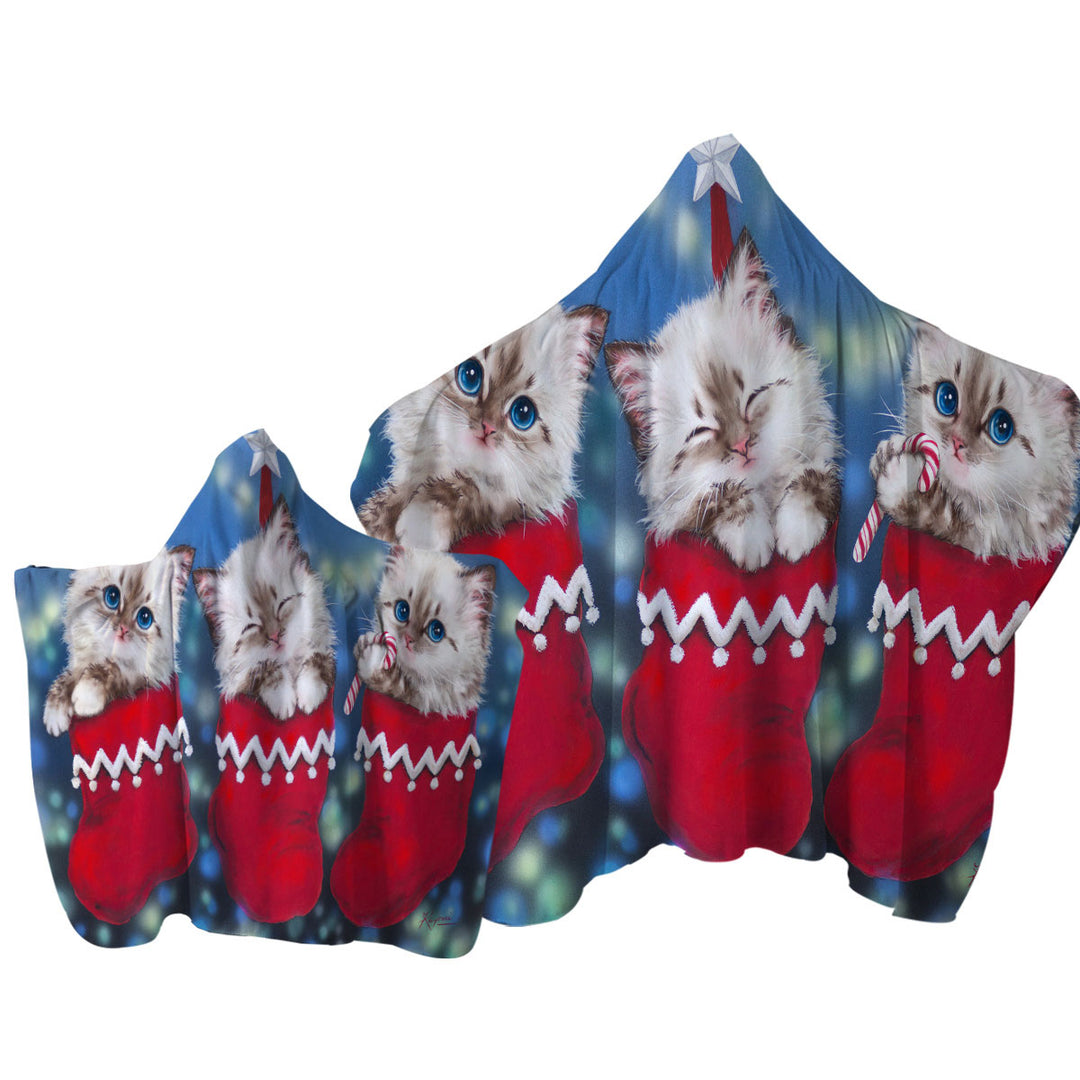 Cute Christmas Design Trio Kittens in Red Socks Towel Hoodie