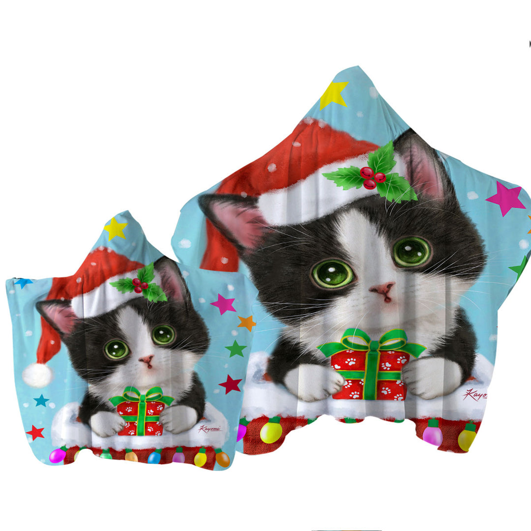 Cute Christmas Design Tuxedo Cat in Chimney Hooded Beach Towel