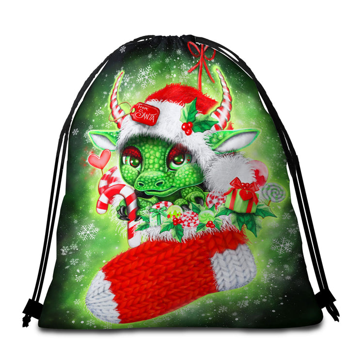 Cute Christmas Packable Beach Towel Stocking Stuffer Lil Dragon