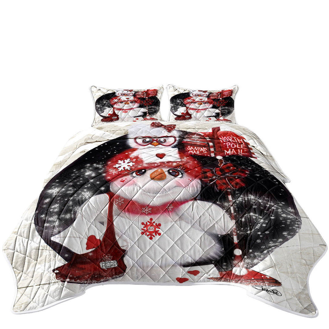 Cute Christmas Quilt with Santa Letter Delivery Snowman