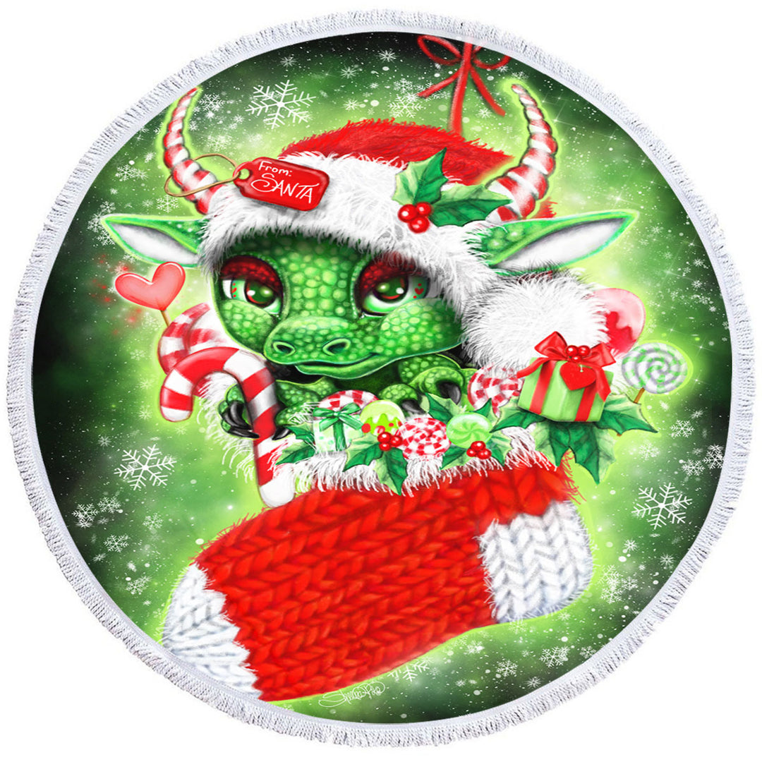 Cute Christmas Round Beach Towels Stocking Stuffer Lil Dragon