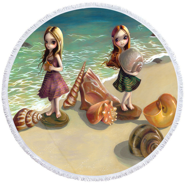 Cute Circle Beach Towel Fantasy Girls Collecting Shells By the Seaside