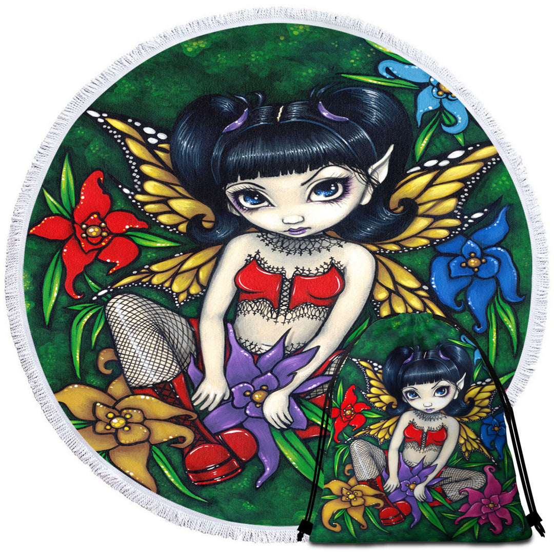 Cute Circle Beach Towel Goth Fairy Fishnets and Flowers