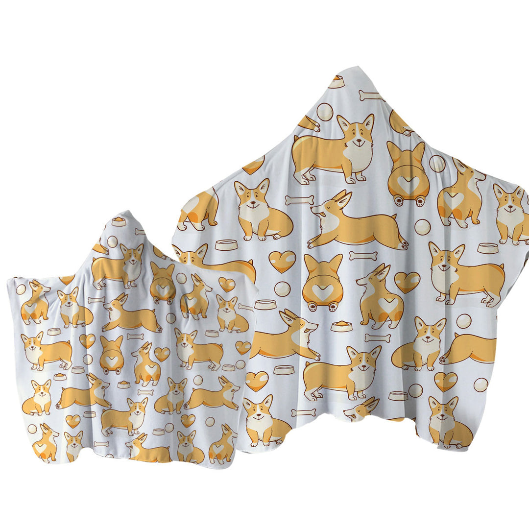 Cute Corgi Dog Heart and Bone Pattern Towel with Hood