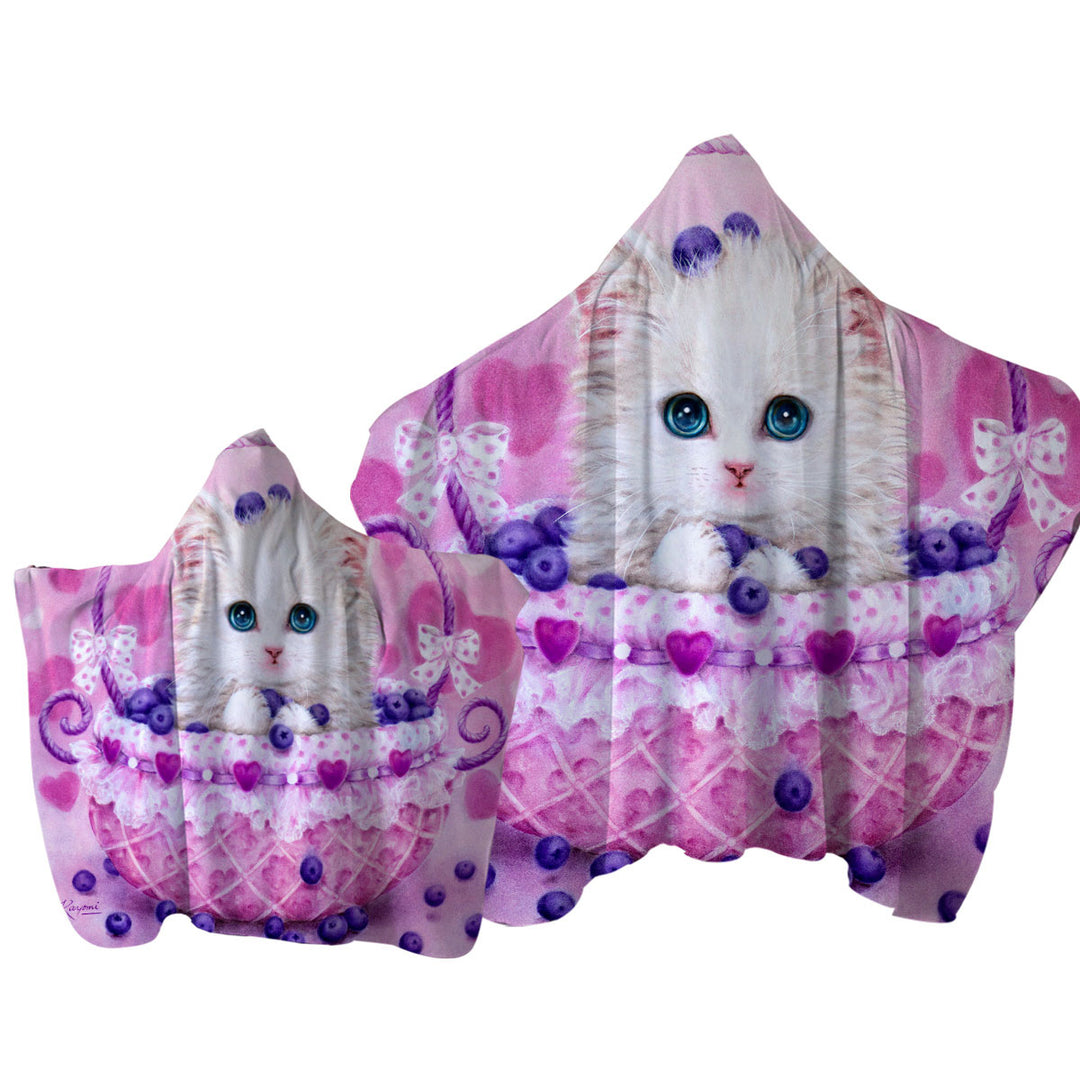 Cute Designs for Girls Kitten in Blueberry Basket Towel with Hood