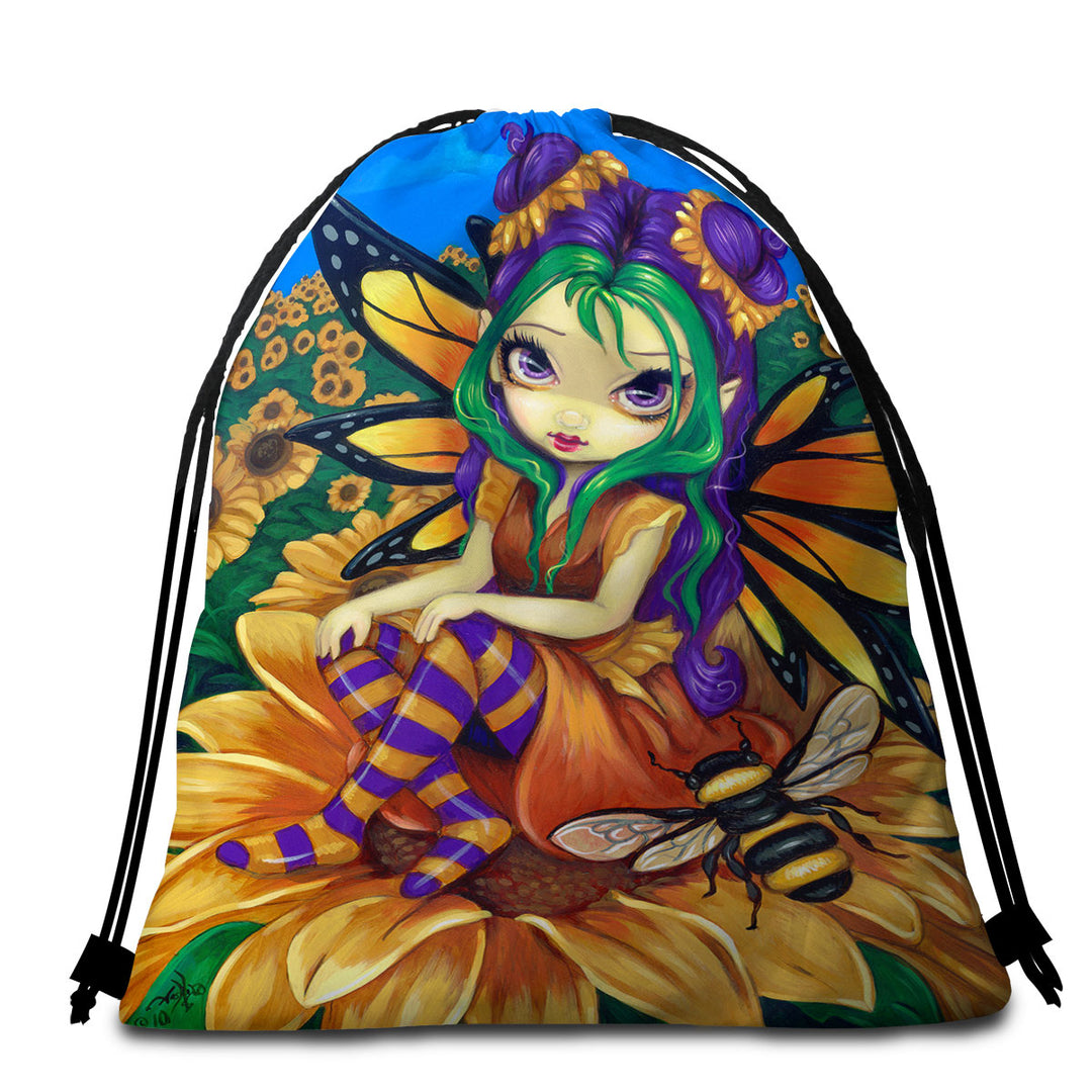 Cute Fairy and Bee Sitting on a Sunflower Beach Towel Bags