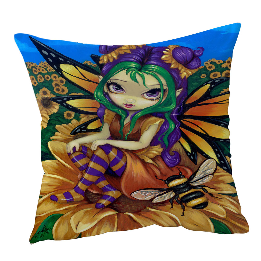 Cute Fairy and Bee Sitting on a Sunflower Cushion Cover