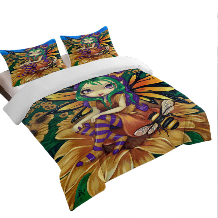 Cute Fairy and Bee Sitting on a Sunflower Duvet Cover