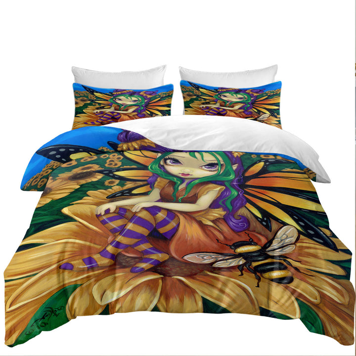 Cute Fairy and Bee Sitting on a Sunflower Duvet Covers