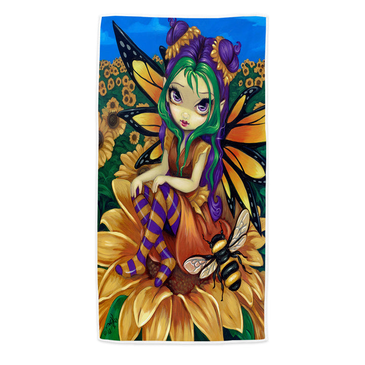 Cute Fairy and Bee Sitting on a Sunflower Pool Towels