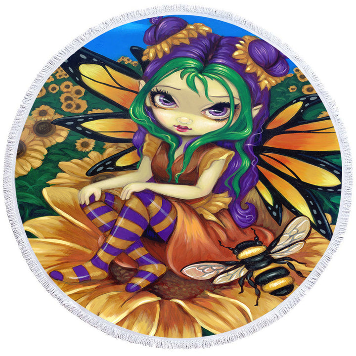 Cute Fairy and Bee Sitting on a Sunflower Round Beach Towel