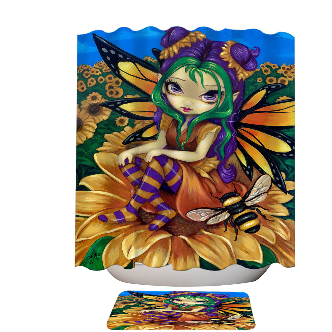 Cute Fairy and Bee Sitting on a Sunflower Shower Curtain Trends