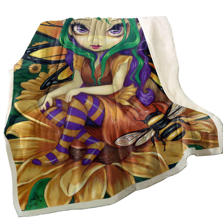 Cute Fairy and Bee Sitting on a Sunflower Throw Blanket