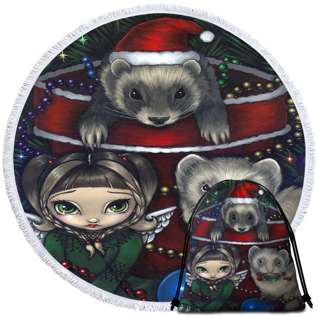 Cute Fairy and Christmas Ferrets Beach Towels on Sale