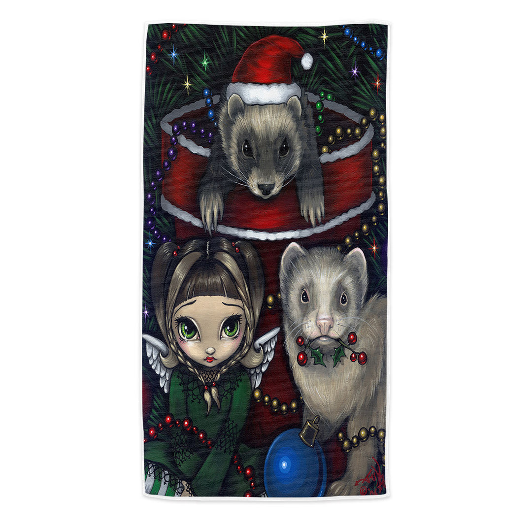 Cute Fairy and Christmas Ferrets Beach Towels